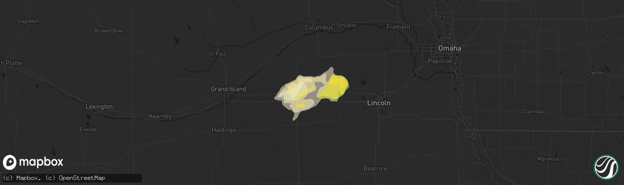 Hail map in Waco, NE on April 25, 2026