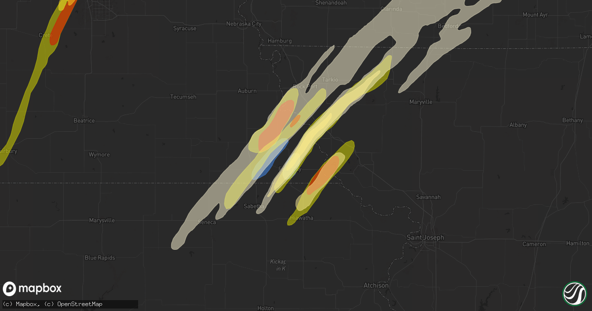 Hail map in Falls City, NE on April 26, 2024
