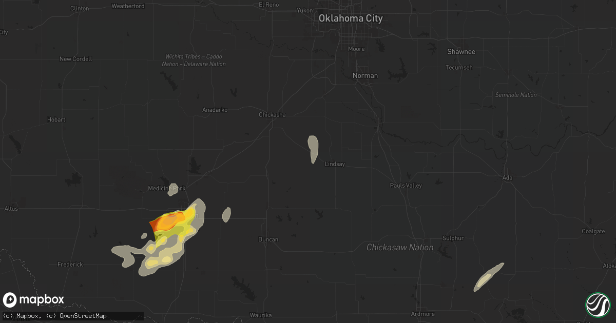 Hail map in Bradley, OK on April 26, 2025