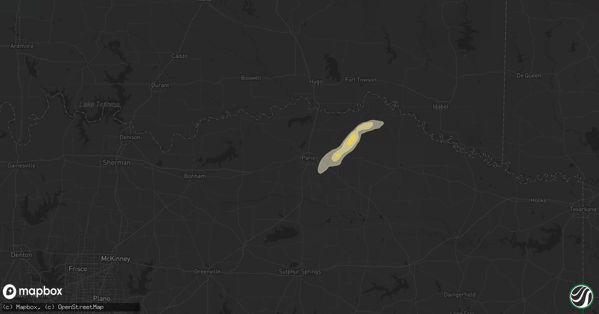 Hail map in Paris, TX on April 26, 2025