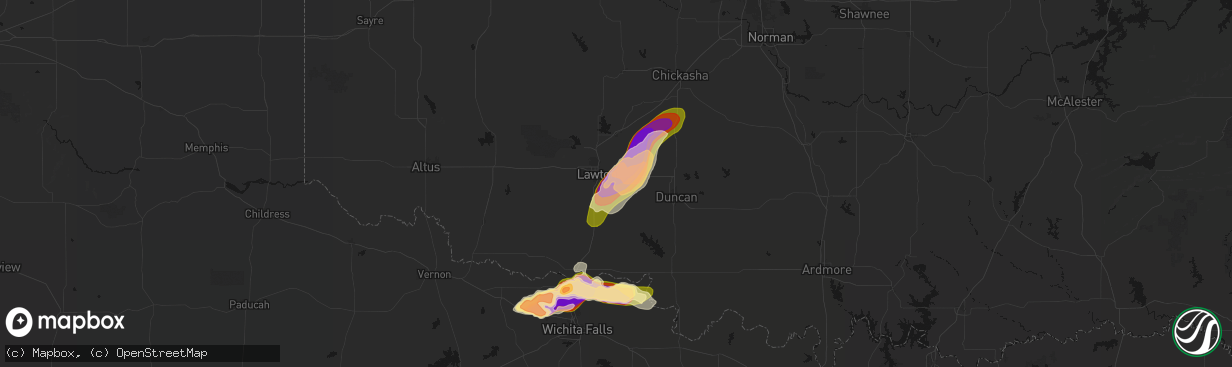 Hail map in Lawton, OK on April 26, 2026
