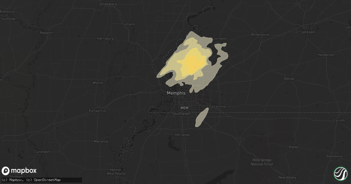 Hail map in Memphis, TN on April 27, 2014