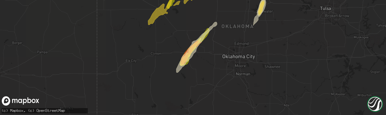 Hail map in Hinton, OK on April 27, 2024