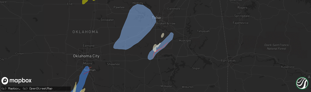 Hail map in Okmulgee, OK on April 27, 2024