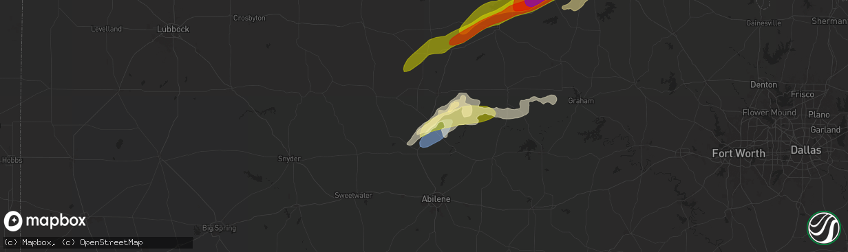 Hail map in Stamford, TX on April 27, 2024