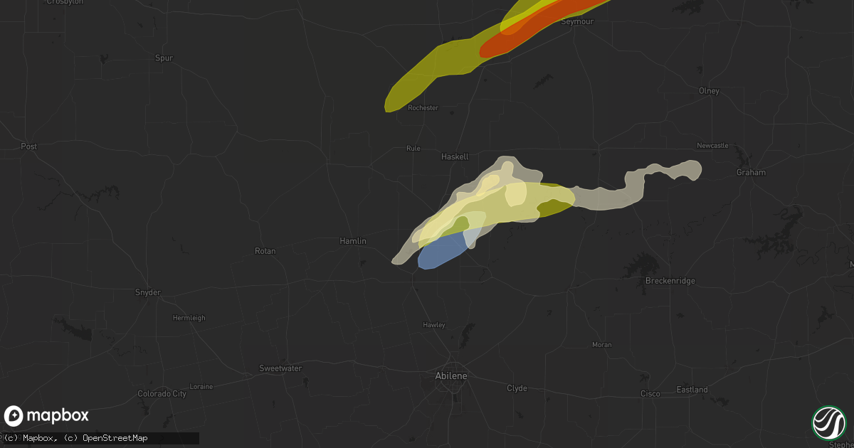 Hail map in Stamford, TX on April 27, 2024
