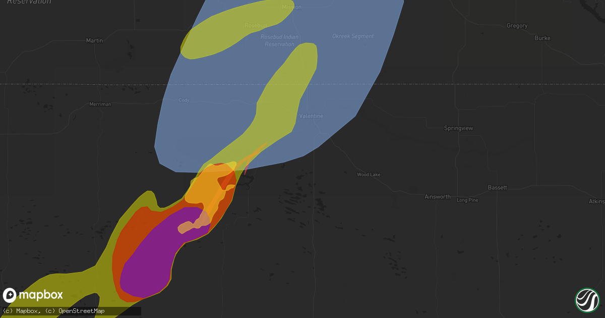 Hail map in Valentine, NE on April 27, 2025