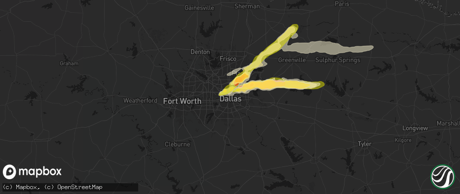 Hail map in Dallas, TX on April 27, 2026