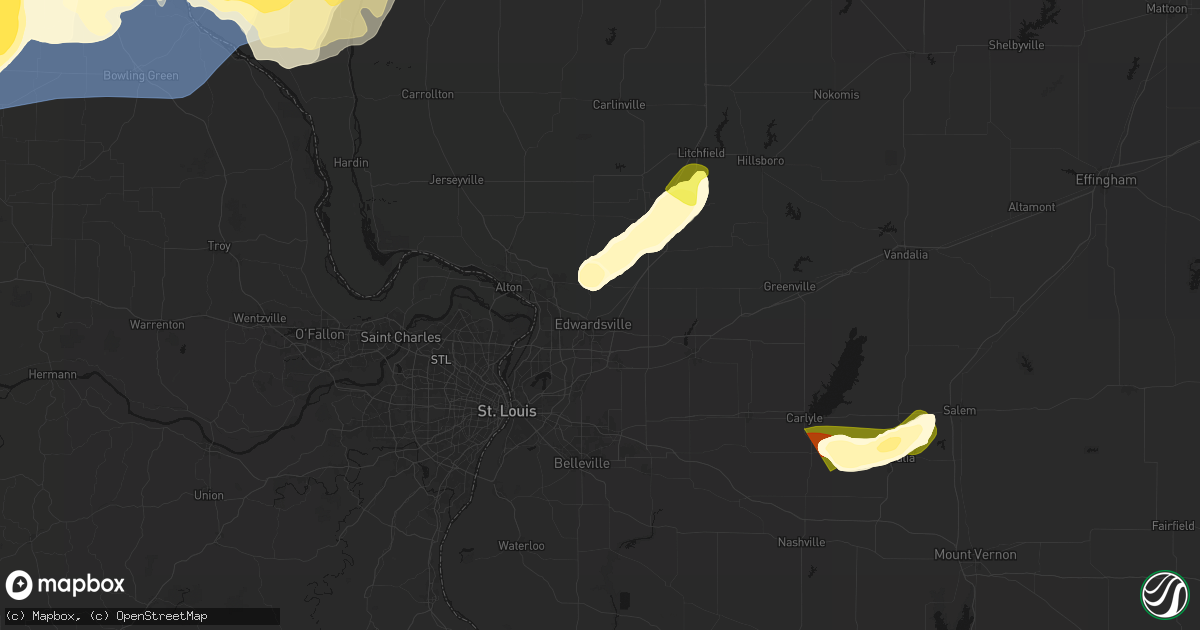 Hail map in Edwardsville, IL on April 27, 2026