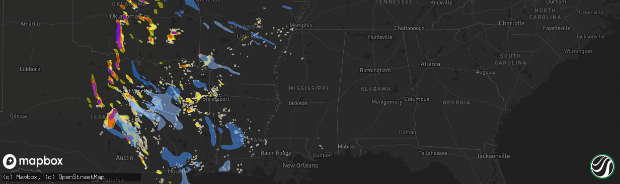 Hail map in Mississippi on April 28, 2020