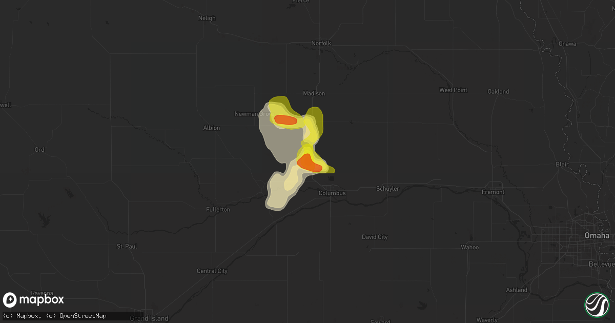 Hail map in Platte Center, NE on April 28, 2022
