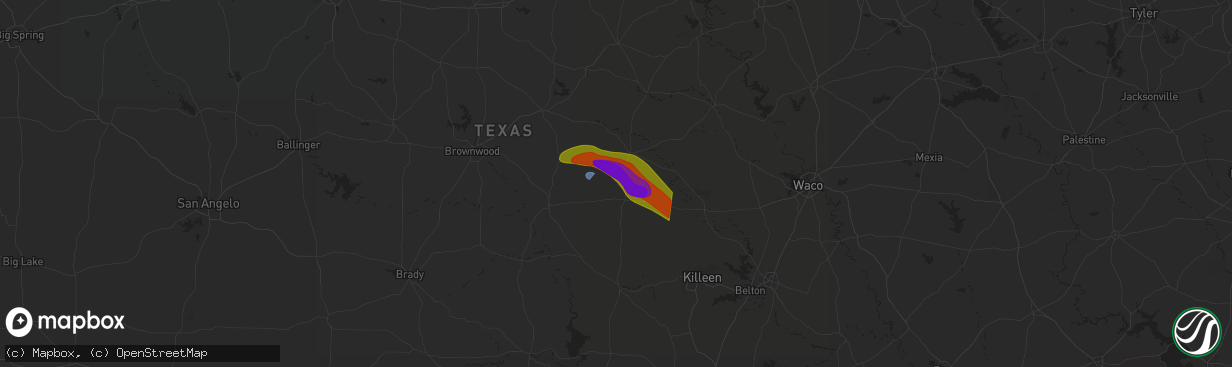 Hail map in Mullin, TX on April 28, 2023