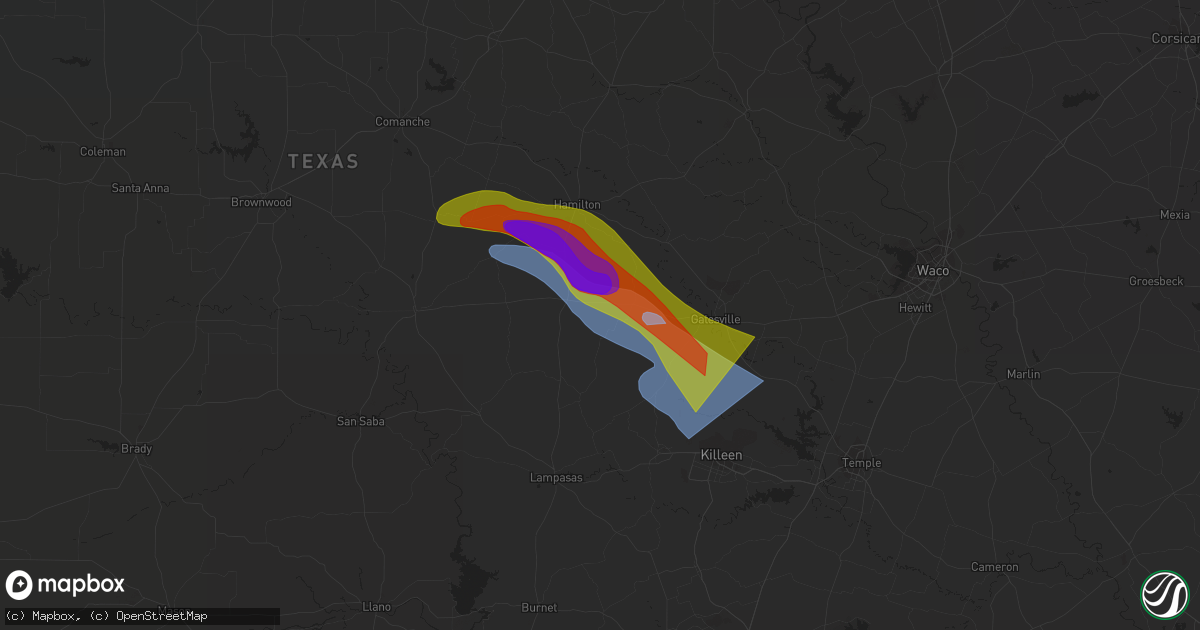 Hail map in Priddy, TX on April 28, 2023