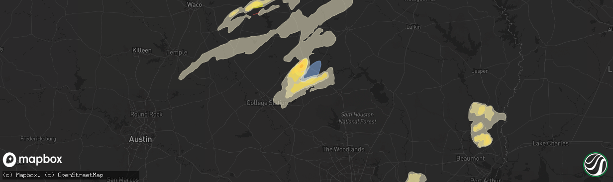 Hail map in Bedias, TX on April 28, 2024
