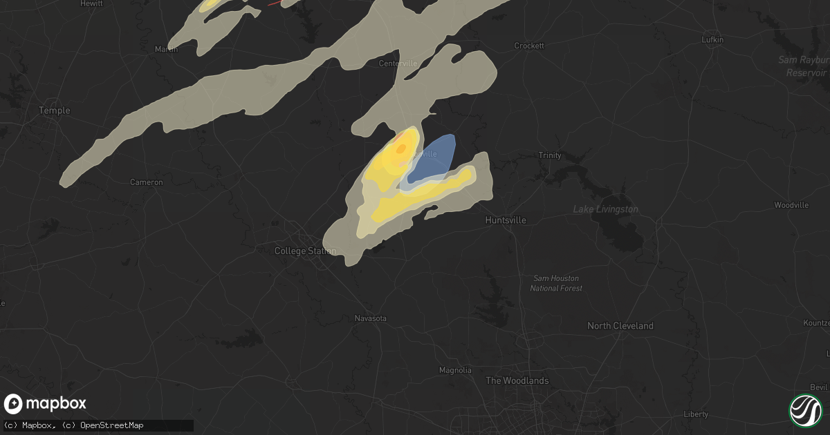 Hail map in Bedias, TX on April 28, 2024