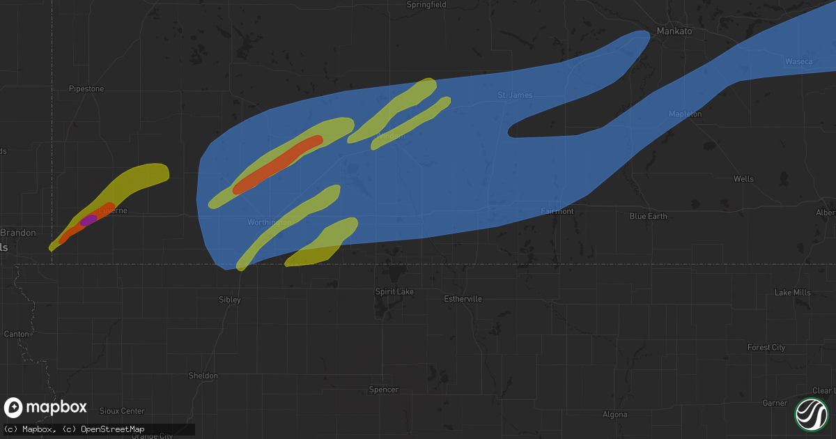 Hail map in Jackson, MN on April 28, 2025