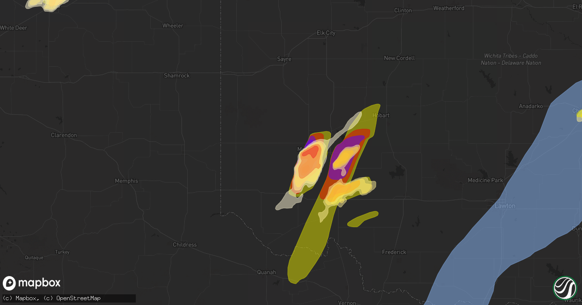 Hail map in Mangum, OK on April 28, 2025