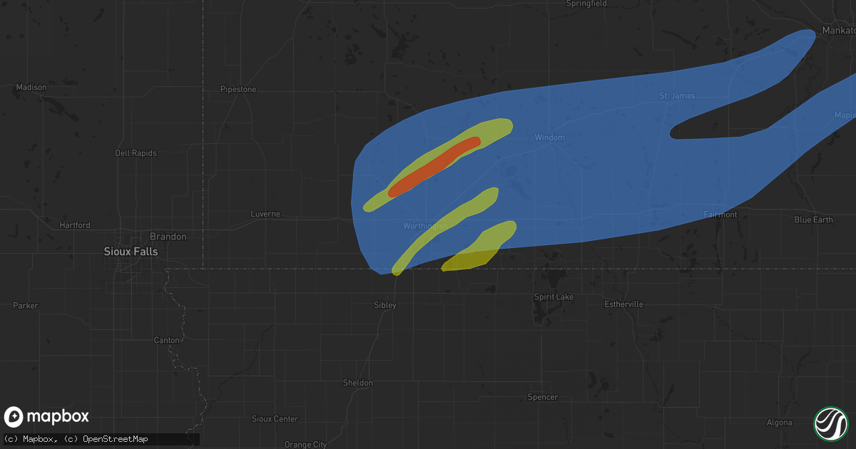 Hail map in Worthington, MN on April 28, 2025