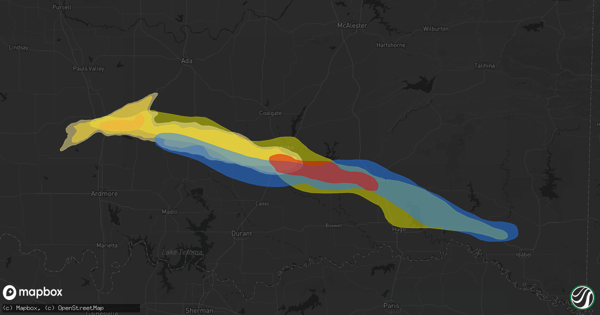 Hail map in Atoka, OK on April 28, 2026