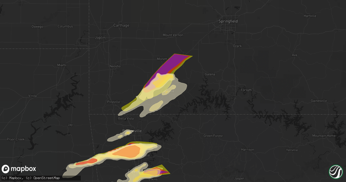 Hail map in Cassville, MO on April 28, 2026