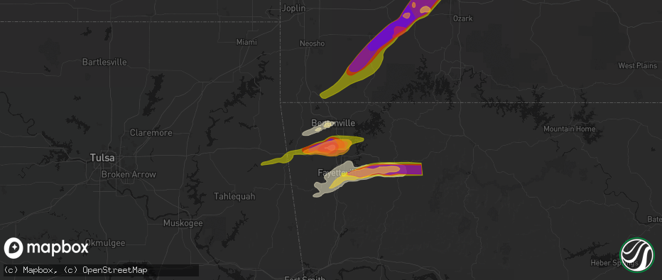 Hail map in Cave Springs, AR on April 28, 2026