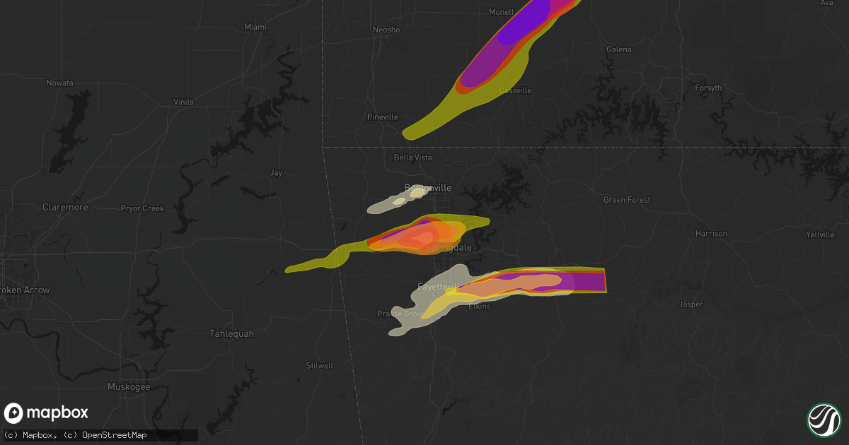 Hail map in Cave Springs, AR on April 28, 2026