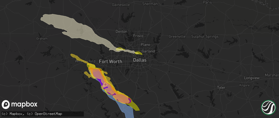 Hail map in Dallas, TX on April 28, 2026
