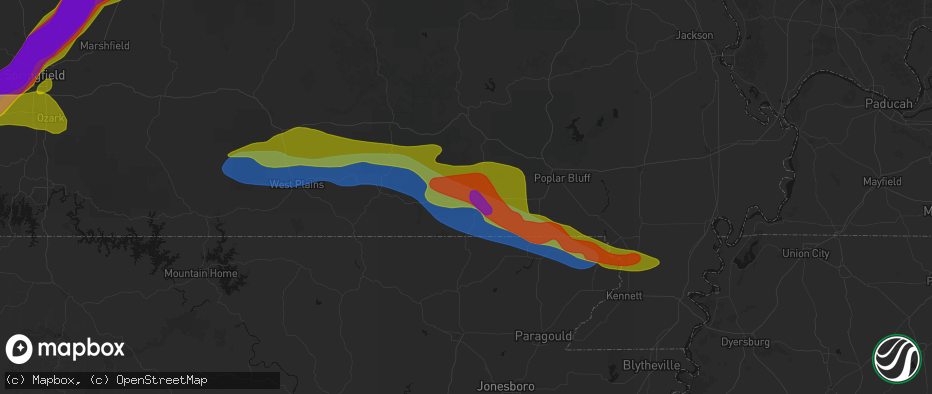 Hail map in Doniphan, MO on April 28, 2026
