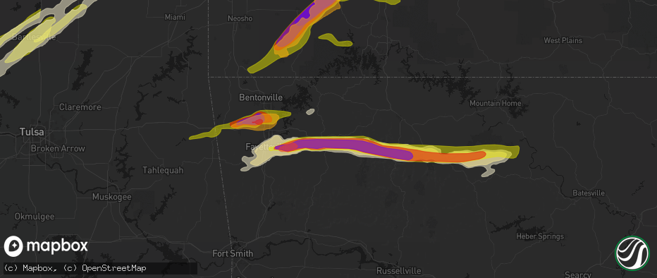Hail map in Huntsville, AR on April 28, 2026