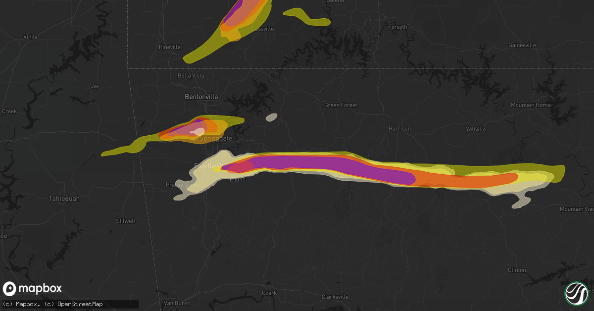 Hail map in Huntsville, AR on April 28, 2026