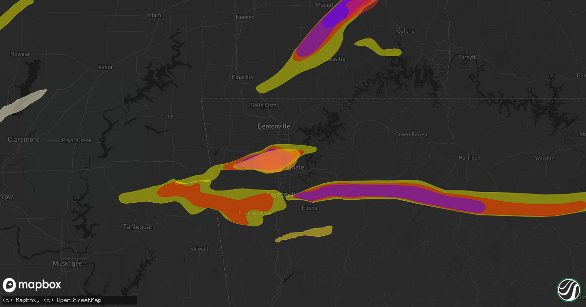 Hail map in Lowell, AR on April 28, 2026