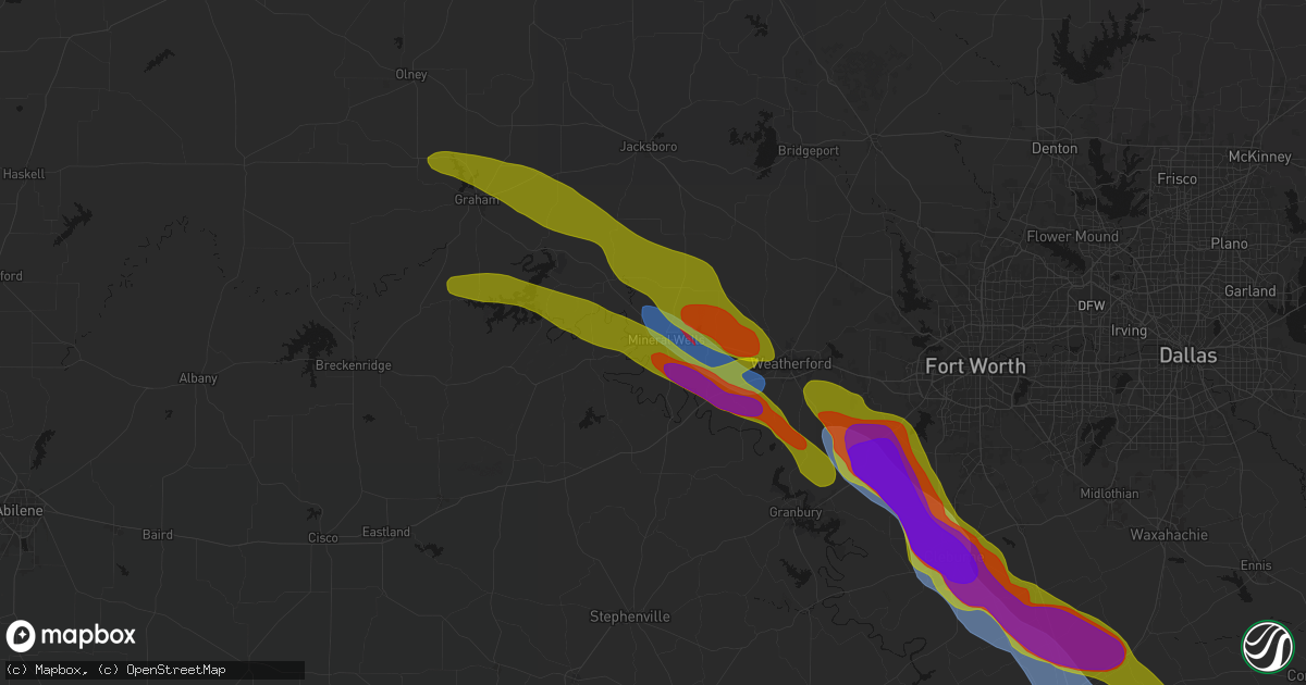 Hail map in Mineral Wells, TX on April 28, 2026