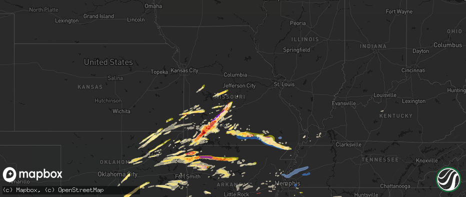 Hail map in Missouri on April 28, 2026
