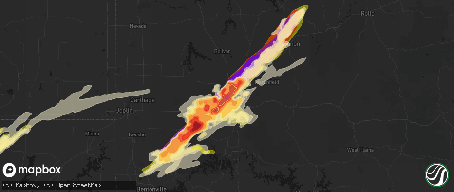 Hail map in Springfield, MO on April 28, 2026