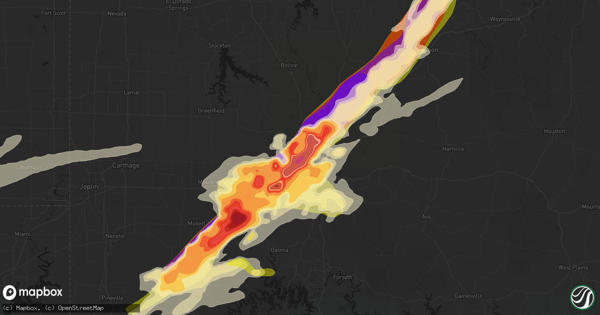 Hail map in Springfield, MO on April 28, 2026
