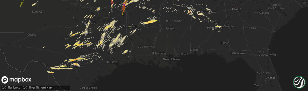 Hail map in Louisiana on April 29, 2016