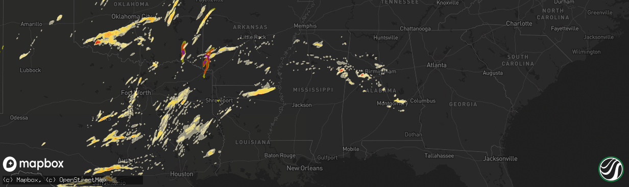 Hail map in Mississippi on April 29, 2016