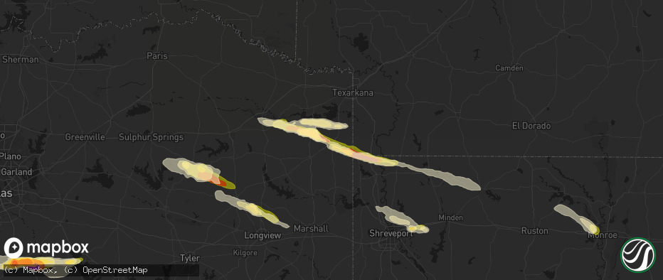 Hail map in Atlanta, TX on April 29, 2026