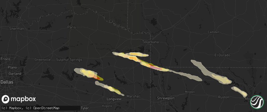 Hail map in Douglassville, TX on April 29, 2026