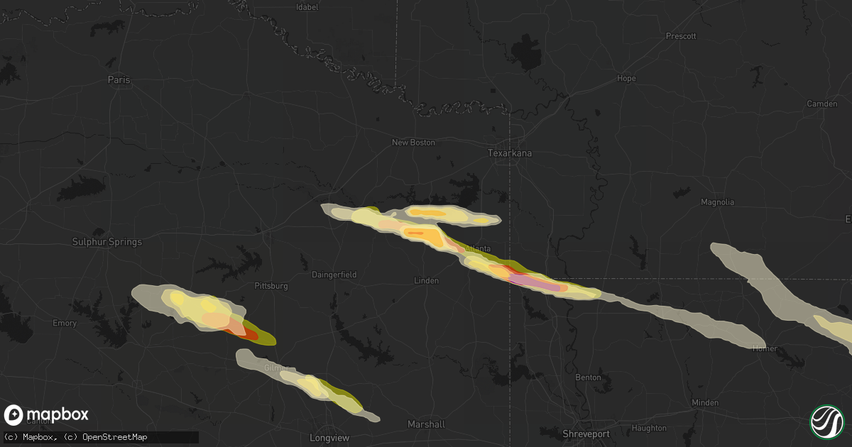 Hail map in Douglassville, TX on April 29, 2026