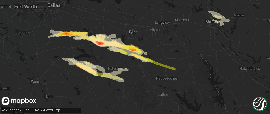 Hail map in Jacksonville, TX on April 29, 2026