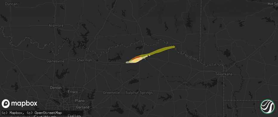 Hail map in Paris, TX on April 29, 2026