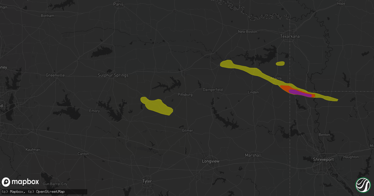 Hail map in Pittsburg, TX on April 29, 2026