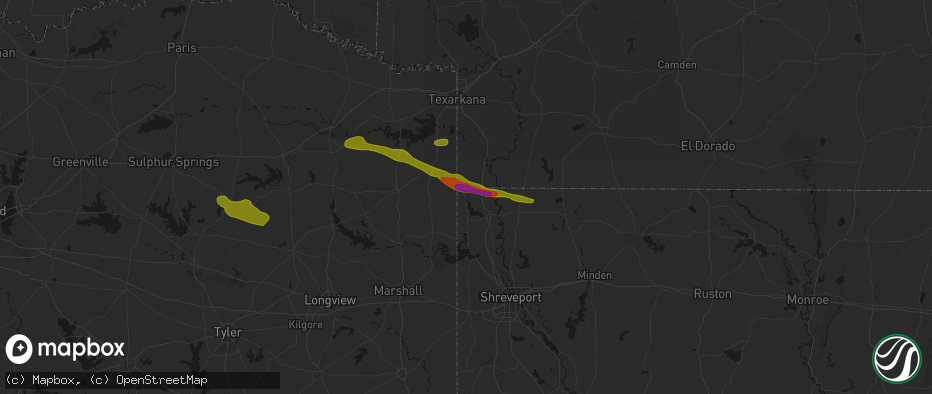 Hail map in Rodessa, LA on April 29, 2026