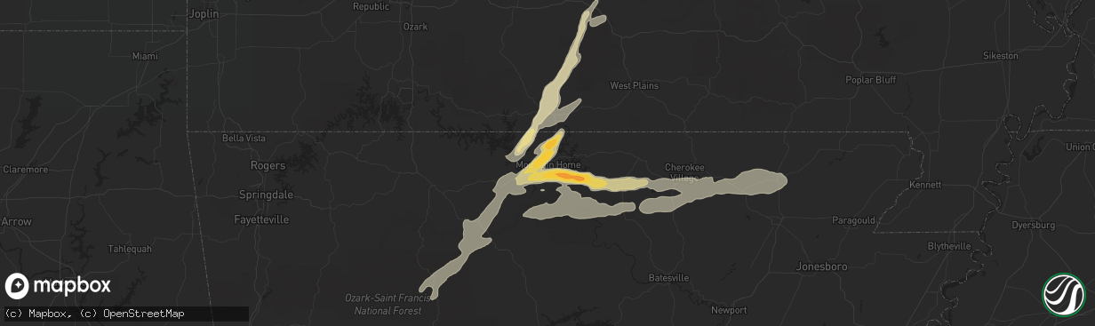 Hail map in Mountain Home, AR on April 30, 2016