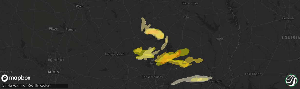 Hail map in Huntsville, TX on May 1, 2024