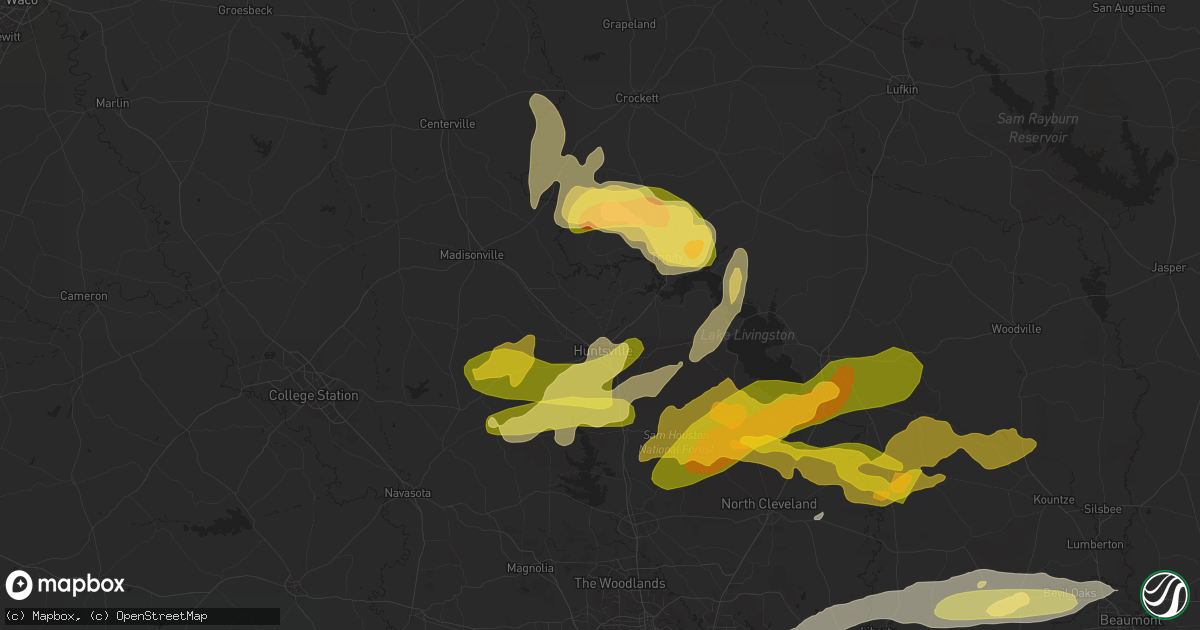 Hail map in Huntsville, TX on May 1, 2024