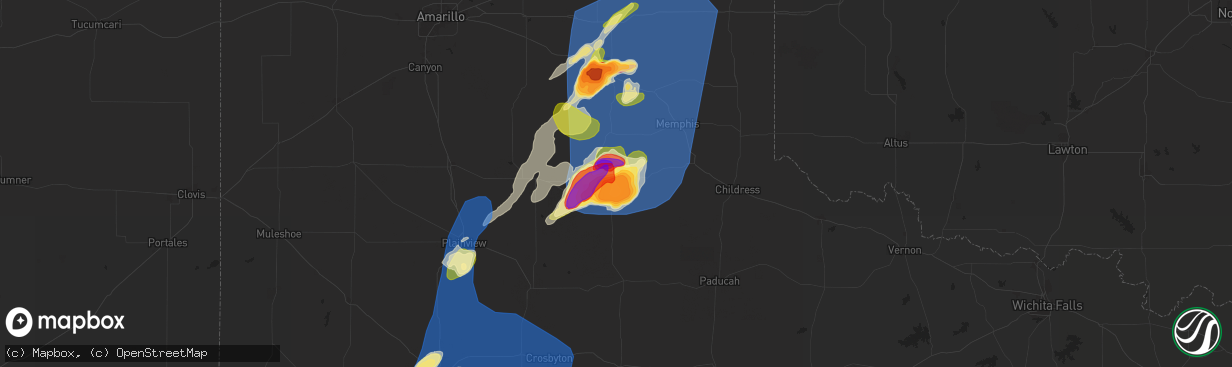 Hail map in Turkey, TX on May 1, 2024