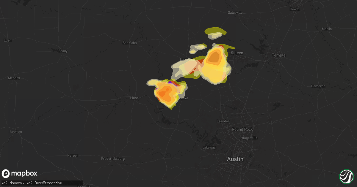 Hail map in Burnet, TX on May 1, 2025