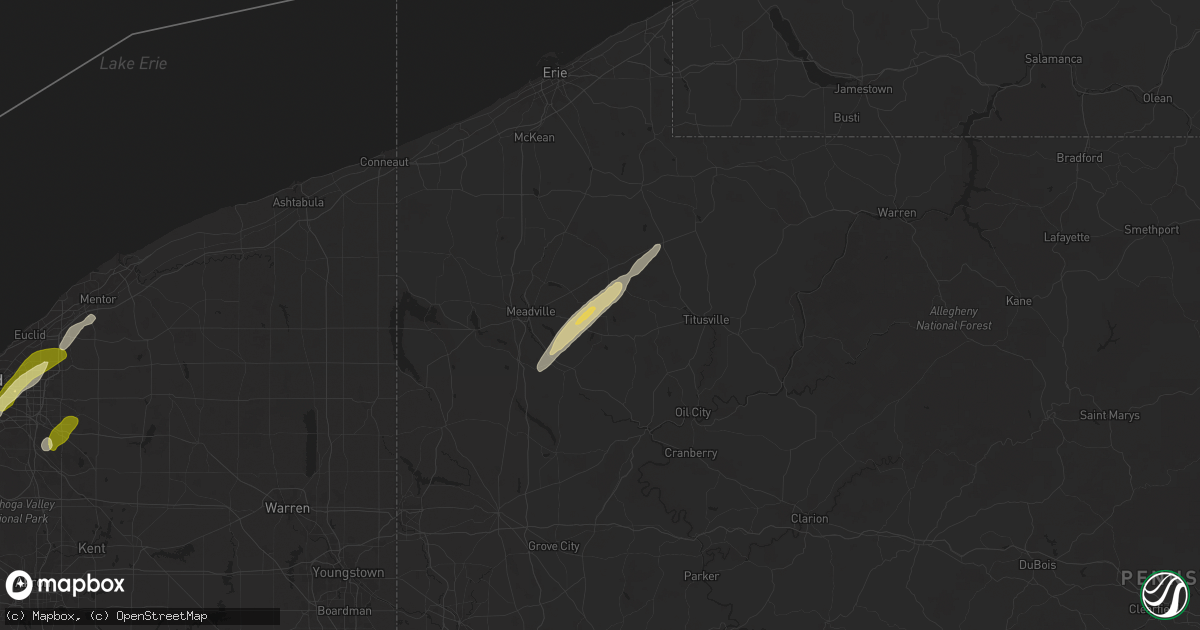 Hail map in Guys Mills, PA on May 1, 2025